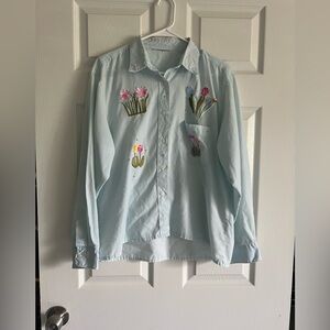 Vintage Las Olas Women’s Floral Embroidered Button-Up Shirt- Blue